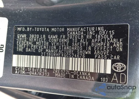 2016 Toyota Corolla Le из США, поврежденный, VIN 2T1BURHEXGC524676